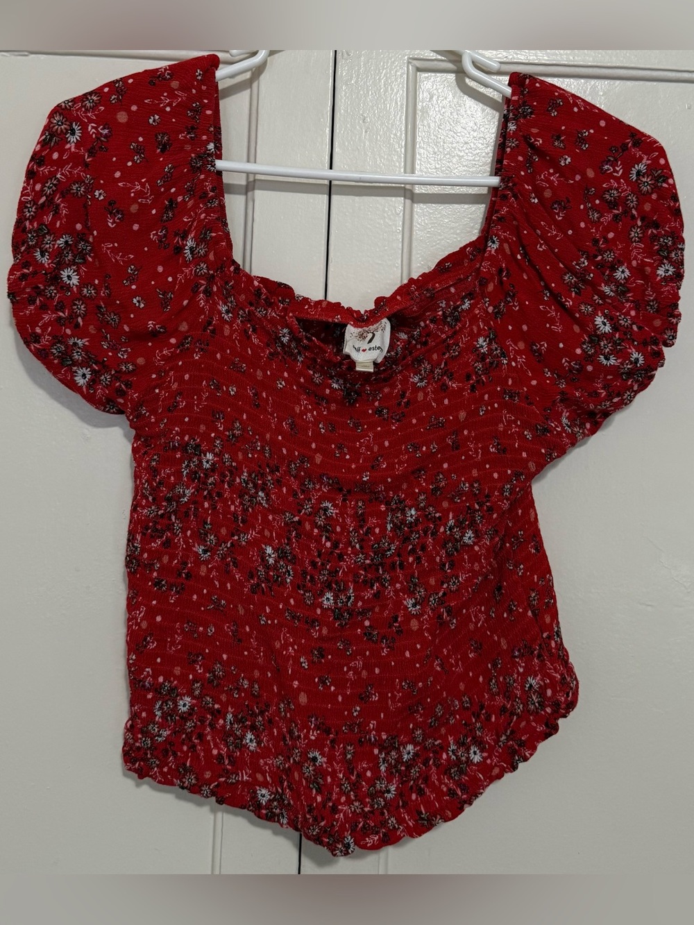 Self Esteem Red Floral Smocked Puff Sleeve Crop Top
